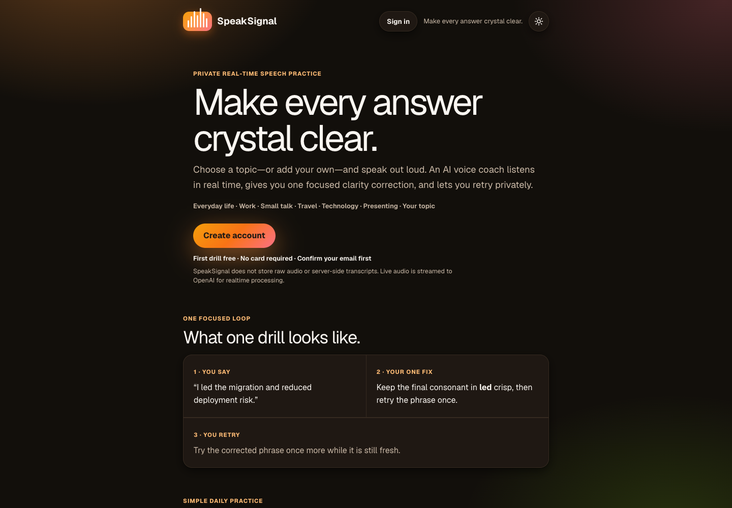 SpeakSignal private real-time speaking practice interface
